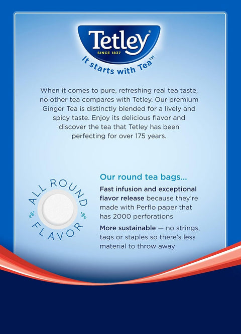 Tetley Premium Ginger Flavored Black Tea Bags, Authentic Indian Spiced Chai, 72 Count (5.08 oz)
