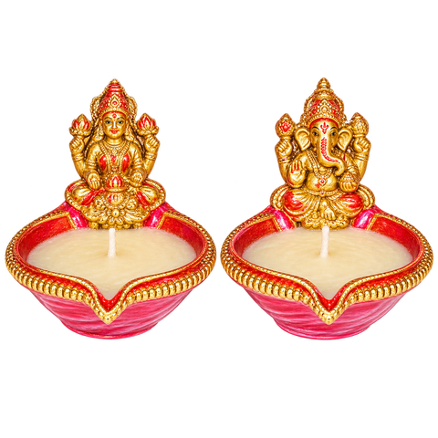 Decorated Laxmi & Ganesh Red Diya with Wax (2pcs)