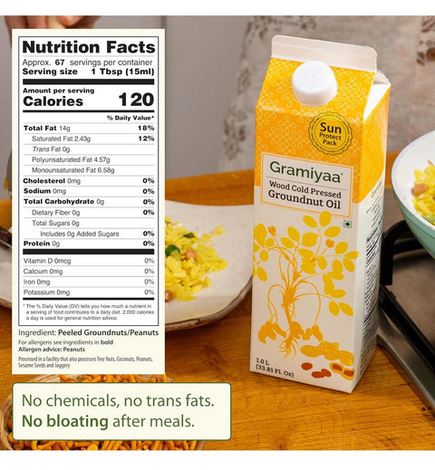Gramiyaa Wood Cold Pressed Groundnut Oil – 1 L | 100% Natural Cold-Pressed Peanut Oil | Nutty Aroma | Sun-Protect Pack | Zero Trans Fats