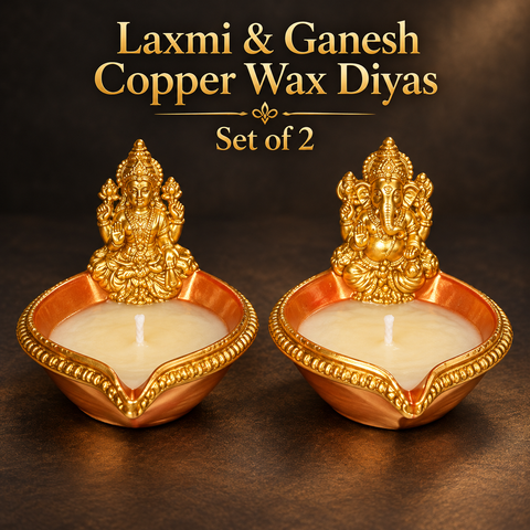 Decorated Laxmi & Ganesh Copper Diya with Wax (2pcs) R1