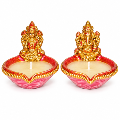 Decorated Laxmi & Ganesh Red Diya with Wax (2pcs)