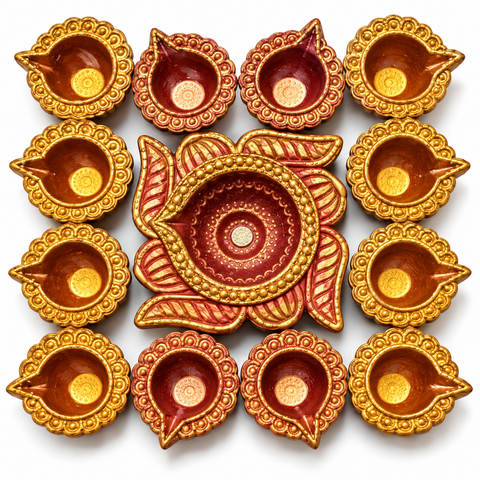 Painted Twelve Diya 13 Pieces