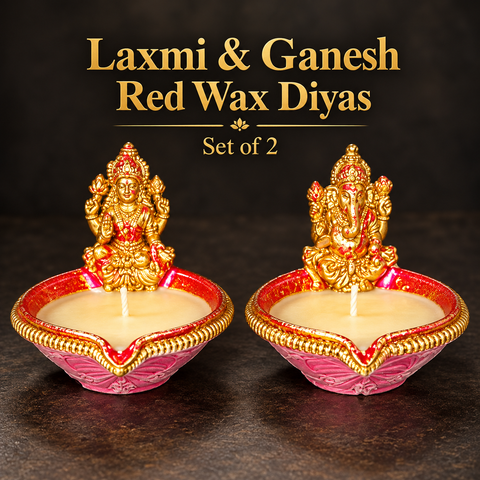 Decorated Laxmi & Ganesh Red Diya with Wax (2pcs)
