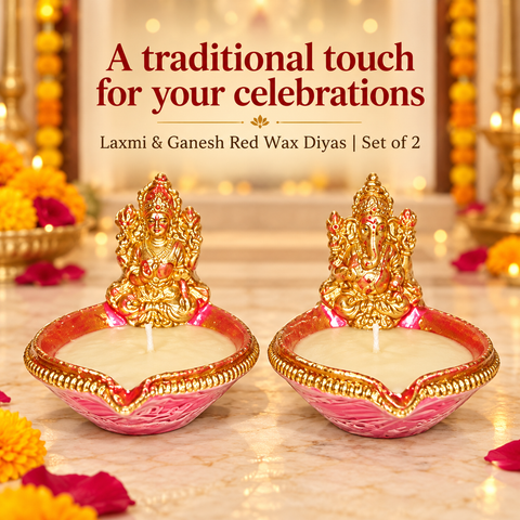 Decorated Laxmi & Ganesh Red Diya with Wax (2pcs)
