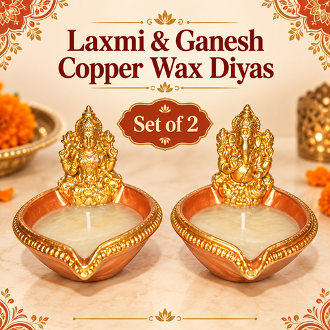 Decorated Laxmi & Ganesh Copper Diya with Wax (2pcs) R1