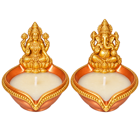 Decorated Laxmi & Ganesh Copper Diya with Wax (2pcs) R1