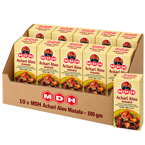 MDH Achari Aloo Masala, 100g x 10 Boxes, Wholesale Pack (1 kg Total) - Pickle-Style Seasoning for Potatoes