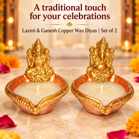 Decorated Laxmi & Ganesh Copper Diya with Wax (2pcs) R1