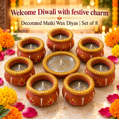 Decorated Matki Wax Diwali Diya 8 Pieces