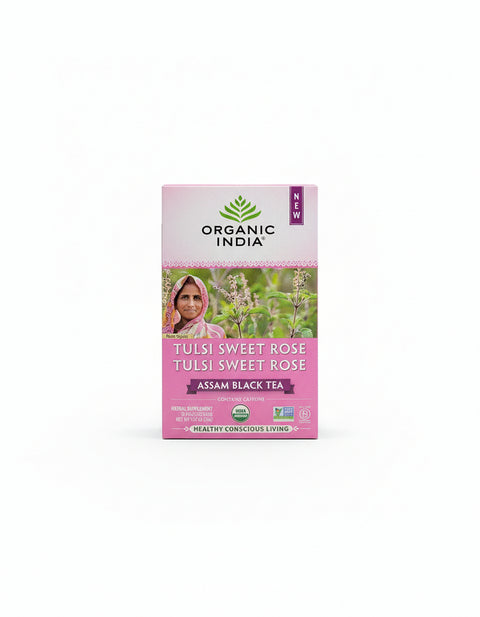 Organic India Tulsi Sweet Rose (Assam Black Tea) 1.27 OZ (18 Infusion Bags) Stress Relieving & Elevating
