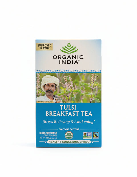 Organic India Tulsi Breakfast Tea 1.08 OZ (18 Infusion Bags) Stress Relieving & Awakening