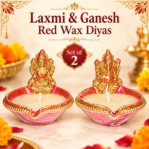Decorated Laxmi & Ganesh Red Diya with Wax (2pcs)