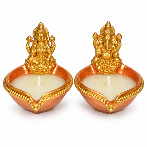 Decorated Laxmi & Ganesh Copper Diya with Wax (2pcs) R1