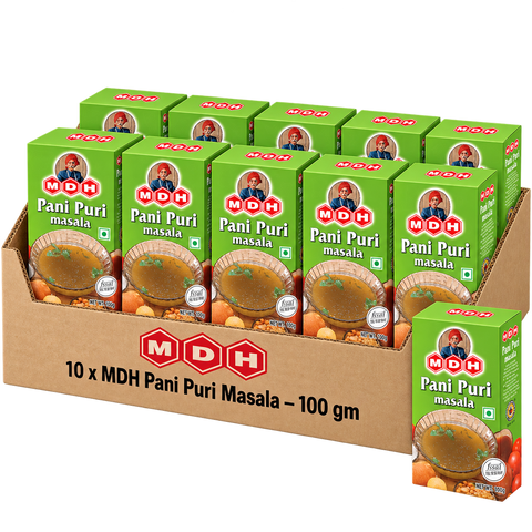 MDH Pani Puri Masala, 100g x 10 Boxes, Wholesale Pack (1 kg Total) - Seasoning for Pani Puri Water