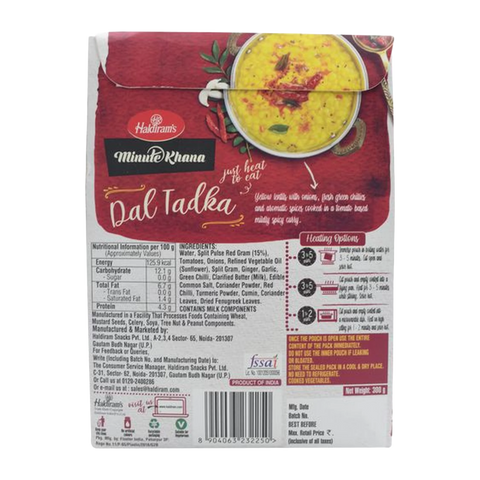 Haldiram’s Minute Khana – Dal Tadka Ready-to-Eat Meal | 300g (10.5 oz) | Authentic Indian Curry