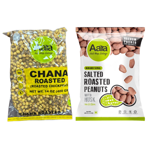 Aara Roasted Chickpeas (Unsalted) + Aara Khari Sing with Husk – 14oz Each | Protein & Fiber-Rich Combo | Healthy Indian Snacks | 2-Pack