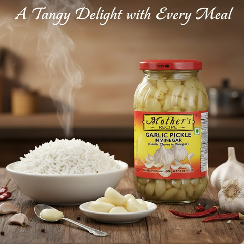 Mother’s Recipe Garlic Pickle in Vinegar – 500g | Authentic Indian Spicy Garlic Achar | Tangy Vinegar Blend | Traditional Taste