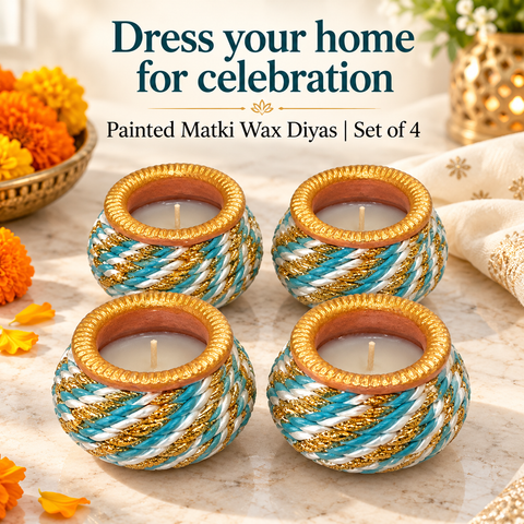 Painted Matki Wax Dandiya Diya 4pcs (blue Thread)