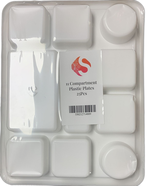 White 11 Compartment Disposable Plastic Plates - 200 Pcs